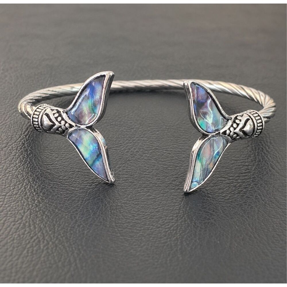Men’s Abalone Whale Tail Bracelet - Silver Tone Fish Tail Cuff